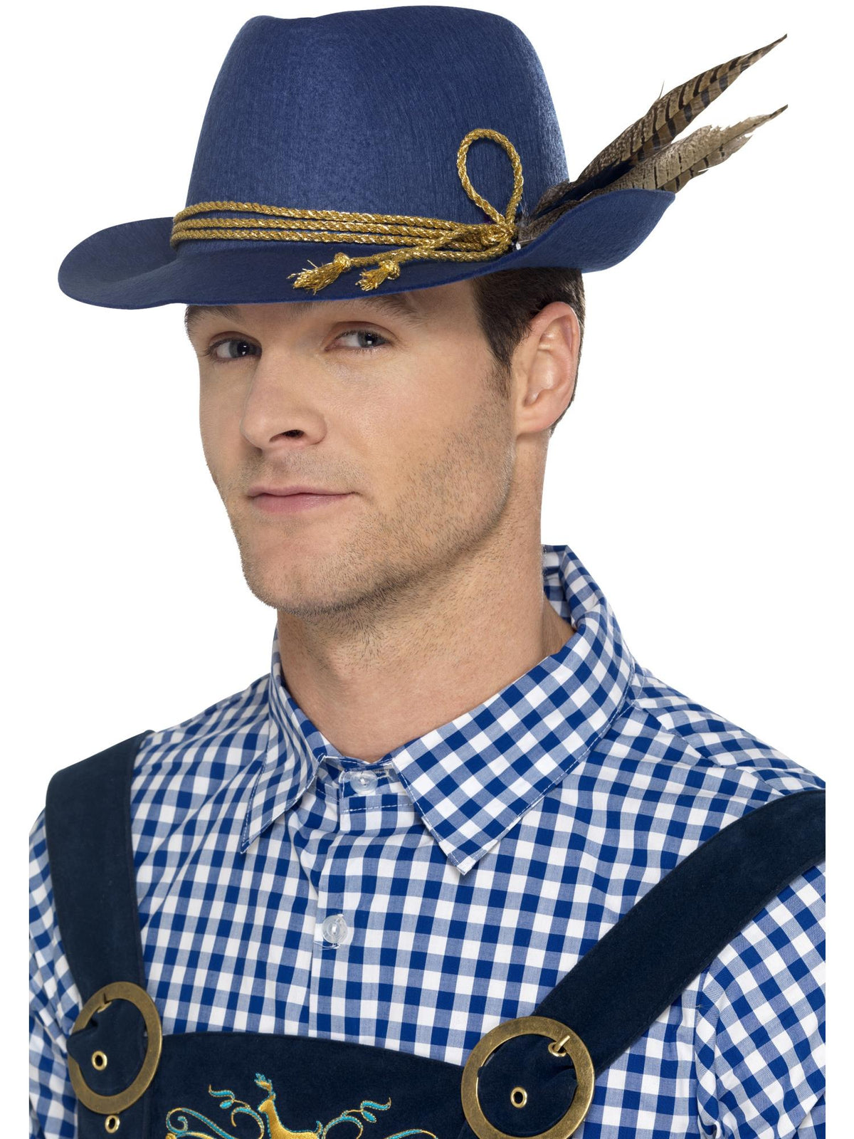 Man wearing a blue felt Bavarian festival hat with gold cord and feathers