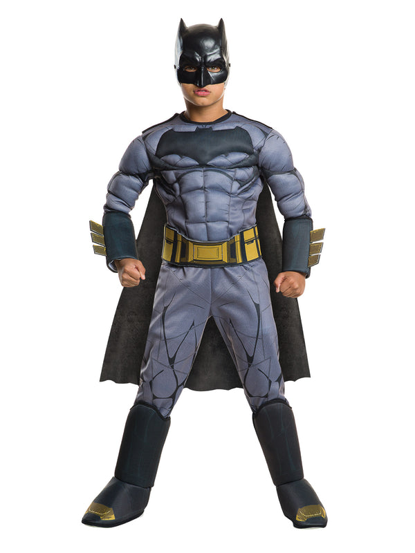 Boy in Batman Dawn of Justice muscle jumpsuit in grey armour print with belt, cape and mask