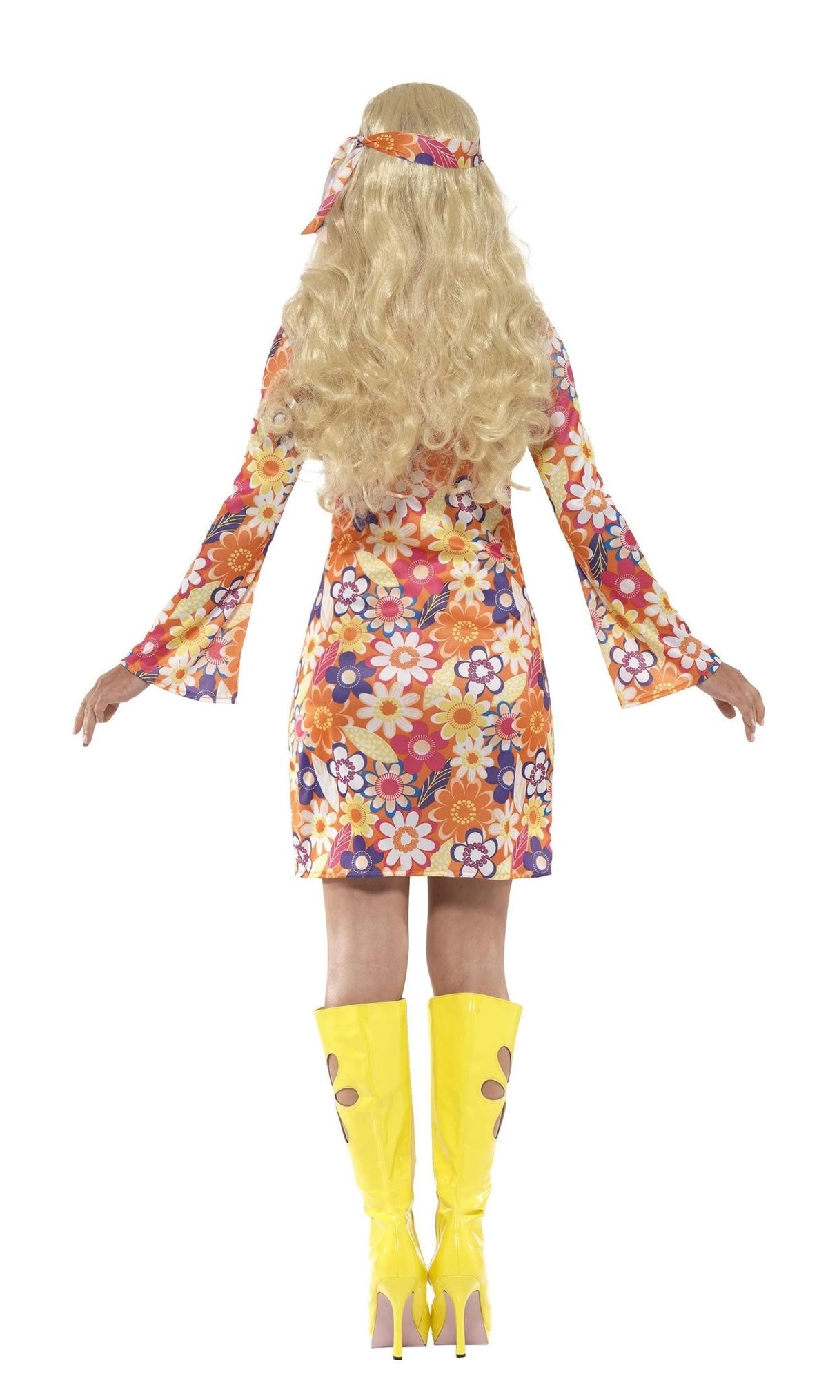 Back of hippie dress with flower pattern, matching head band and peace necklace