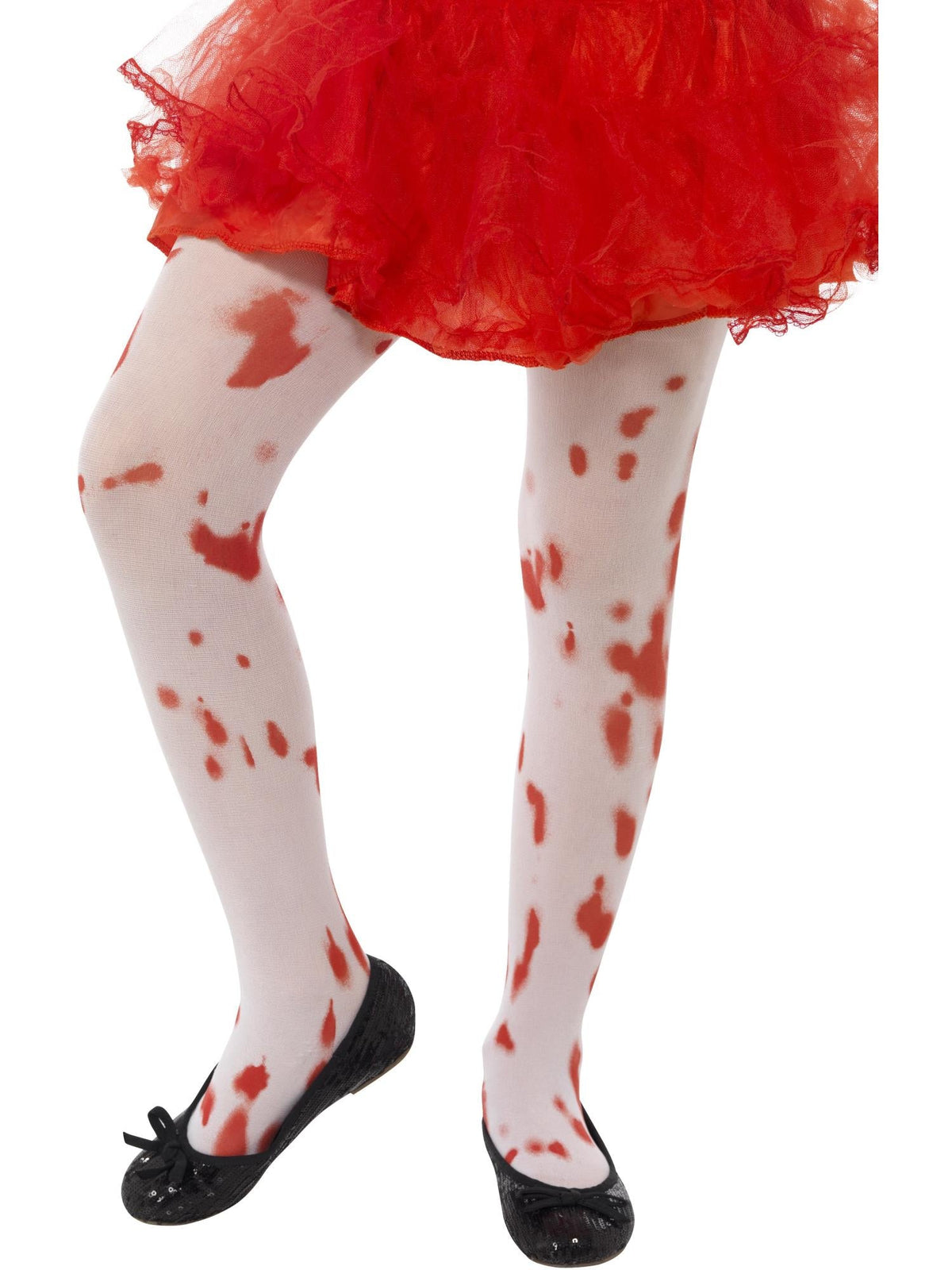Child's legs wearing white tights with red blood stain print