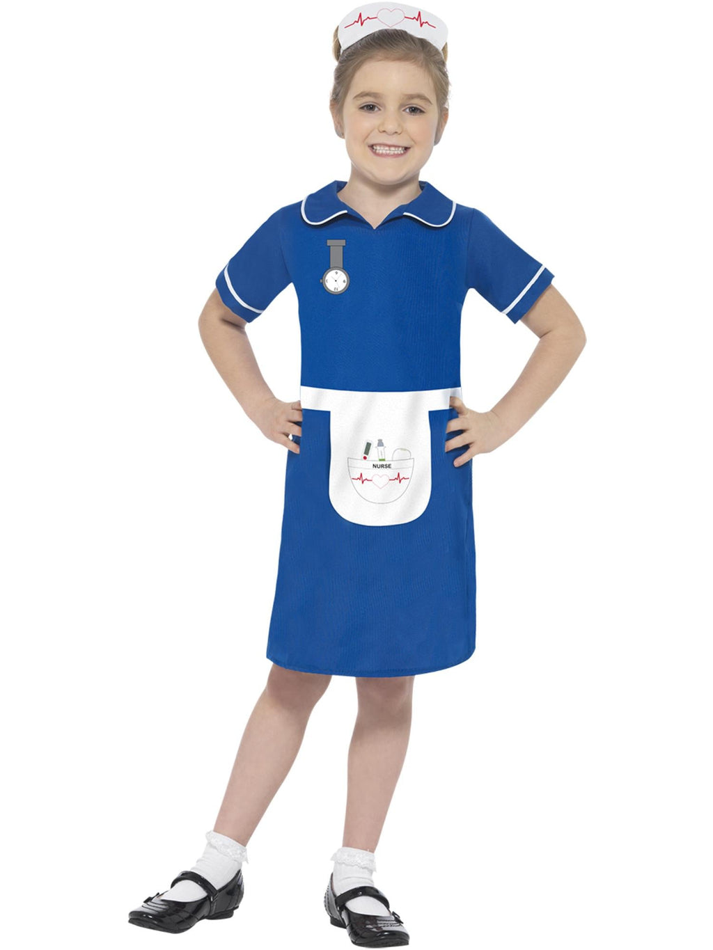 Girl in the Nurse Classic costume with a blue and white dress, printed apron and watch, and soft headpiece