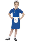 Girl in the Nurse Classic costume with a blue and white dress, printed apron and watch, and soft headpiece