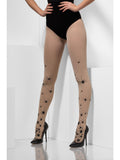 Legs wearing sheer nude tights with black spider print