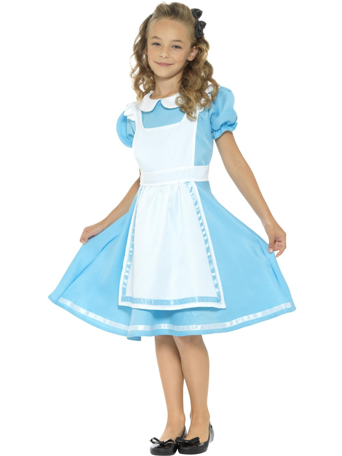 Girl wearing a light blue Wonderland princess dress with white apron, collar and trim