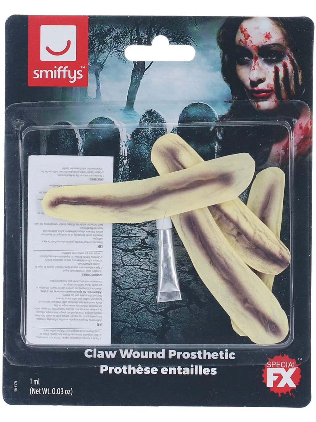 Latex claw wound prosthetics in their retail packaging