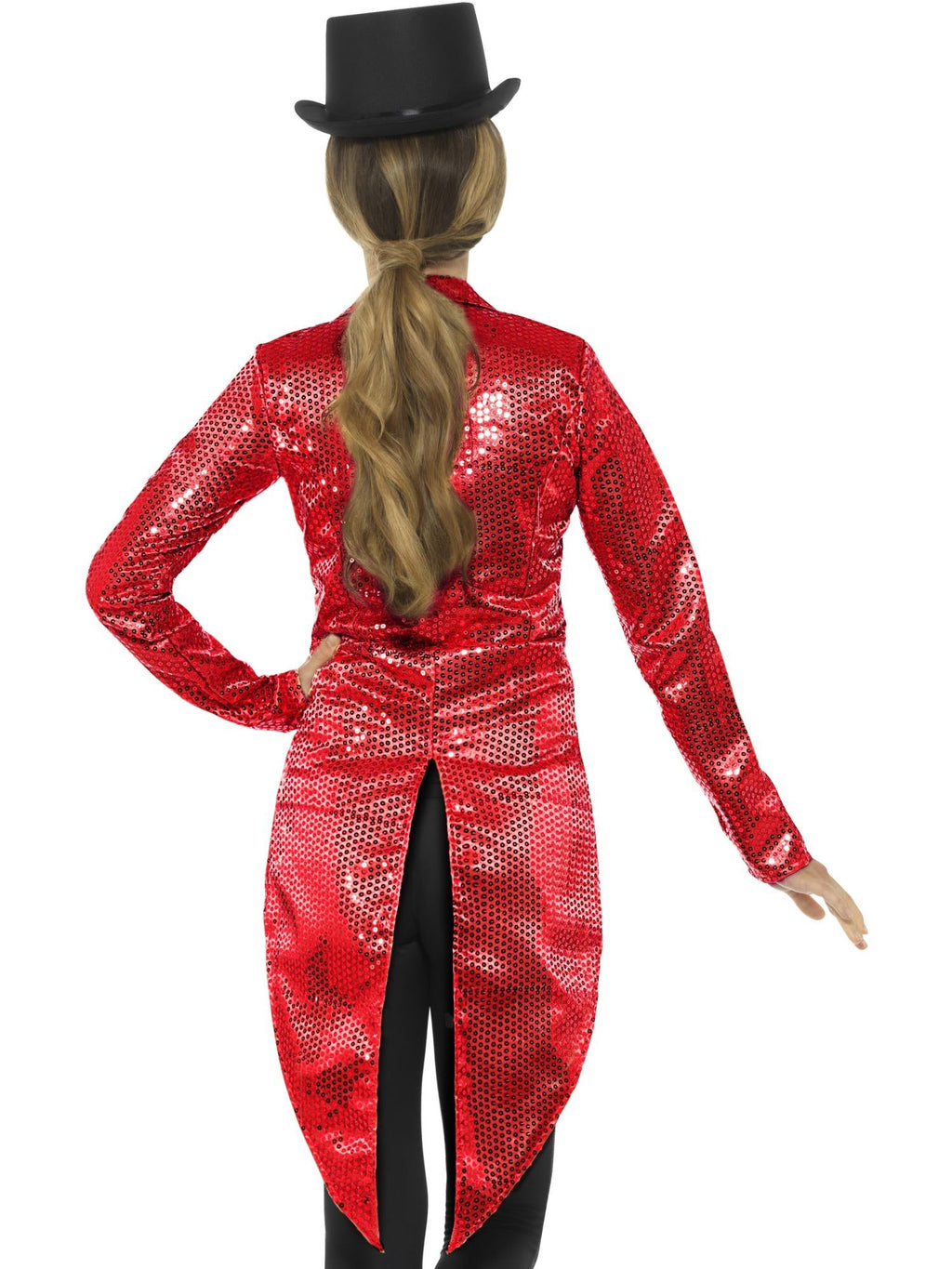Red sequin tailcoat jacket, back view