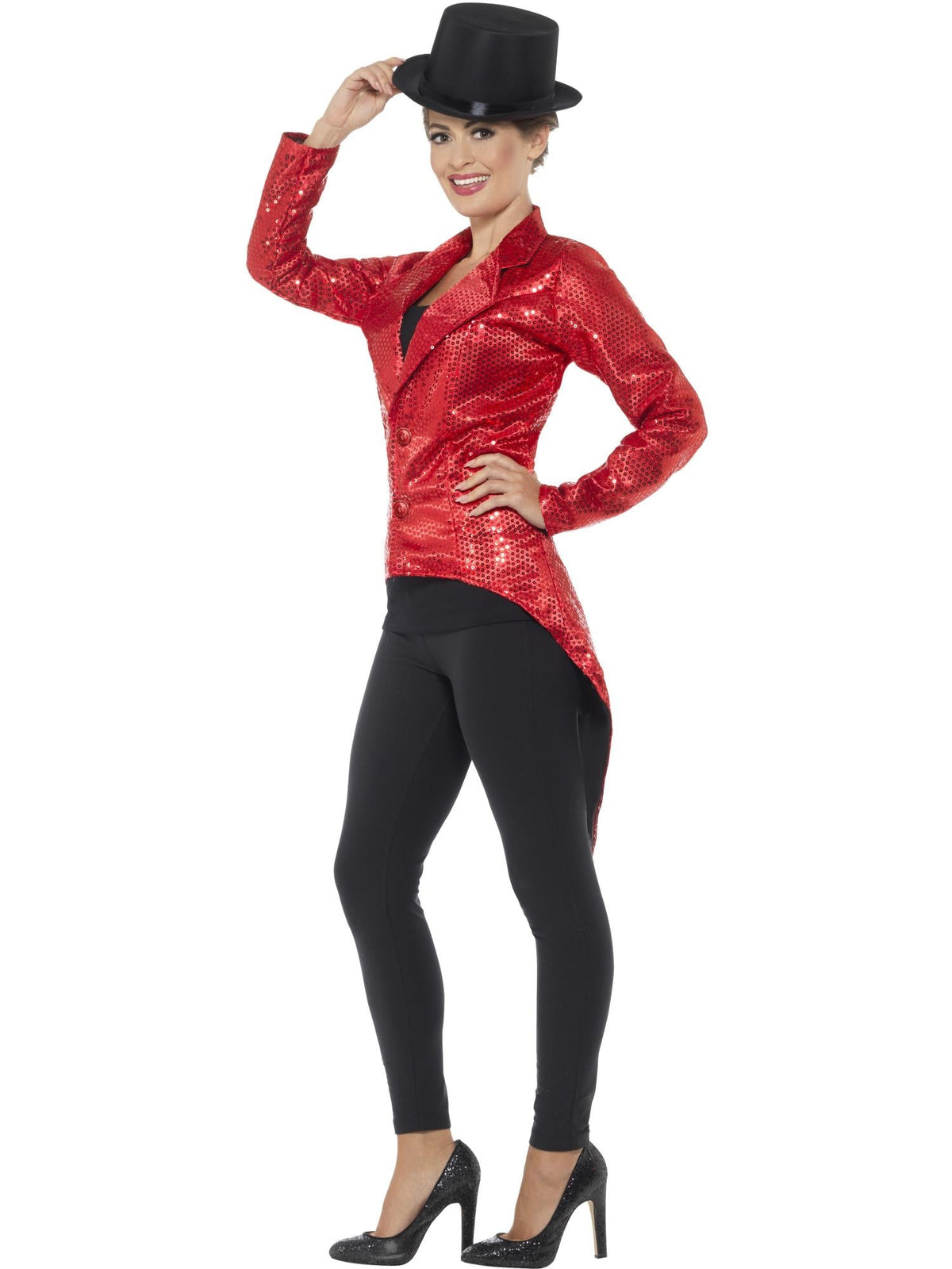Red sequin tailcoat jacket, side view