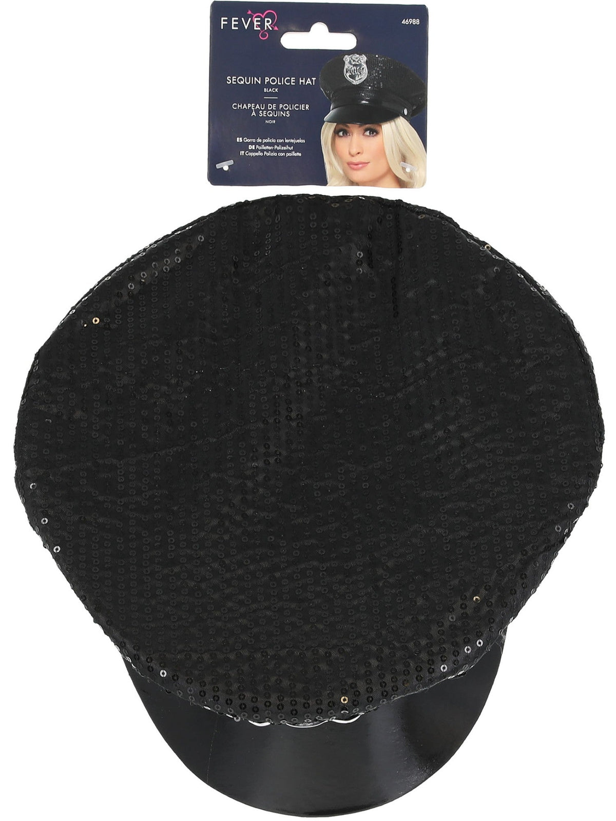 Black sequin police hat in its retail packaging