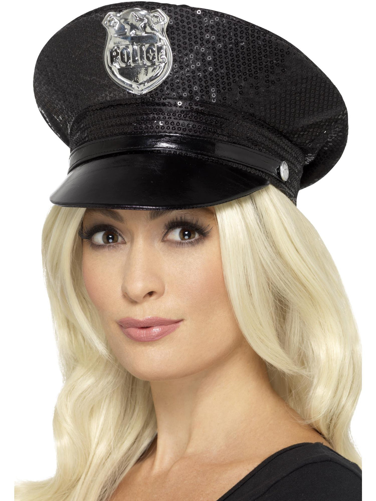 Woman wearing a black sequin police hat with silver badge and shiny peak