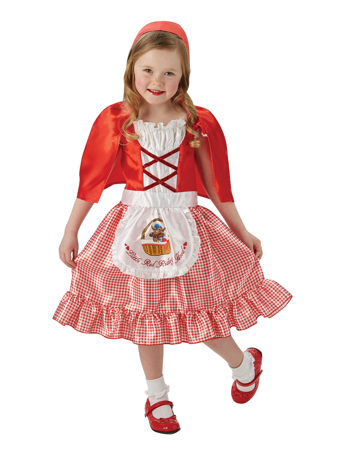 Girl wearing a Red Riding Hood dress with red gingham skirt, laced bodice, printed apron and red hood