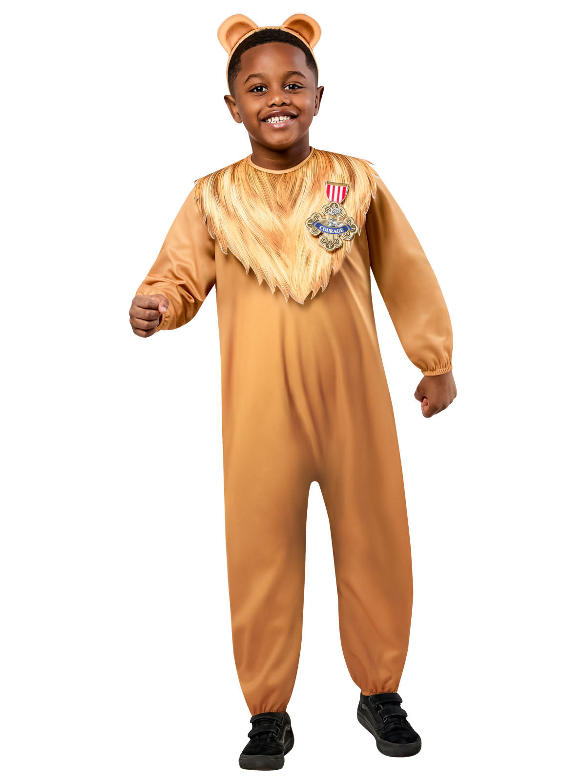 Child in Wizard of Oz Cowardly Lion jumpsuit with printed mane, badge of courage and ears headband