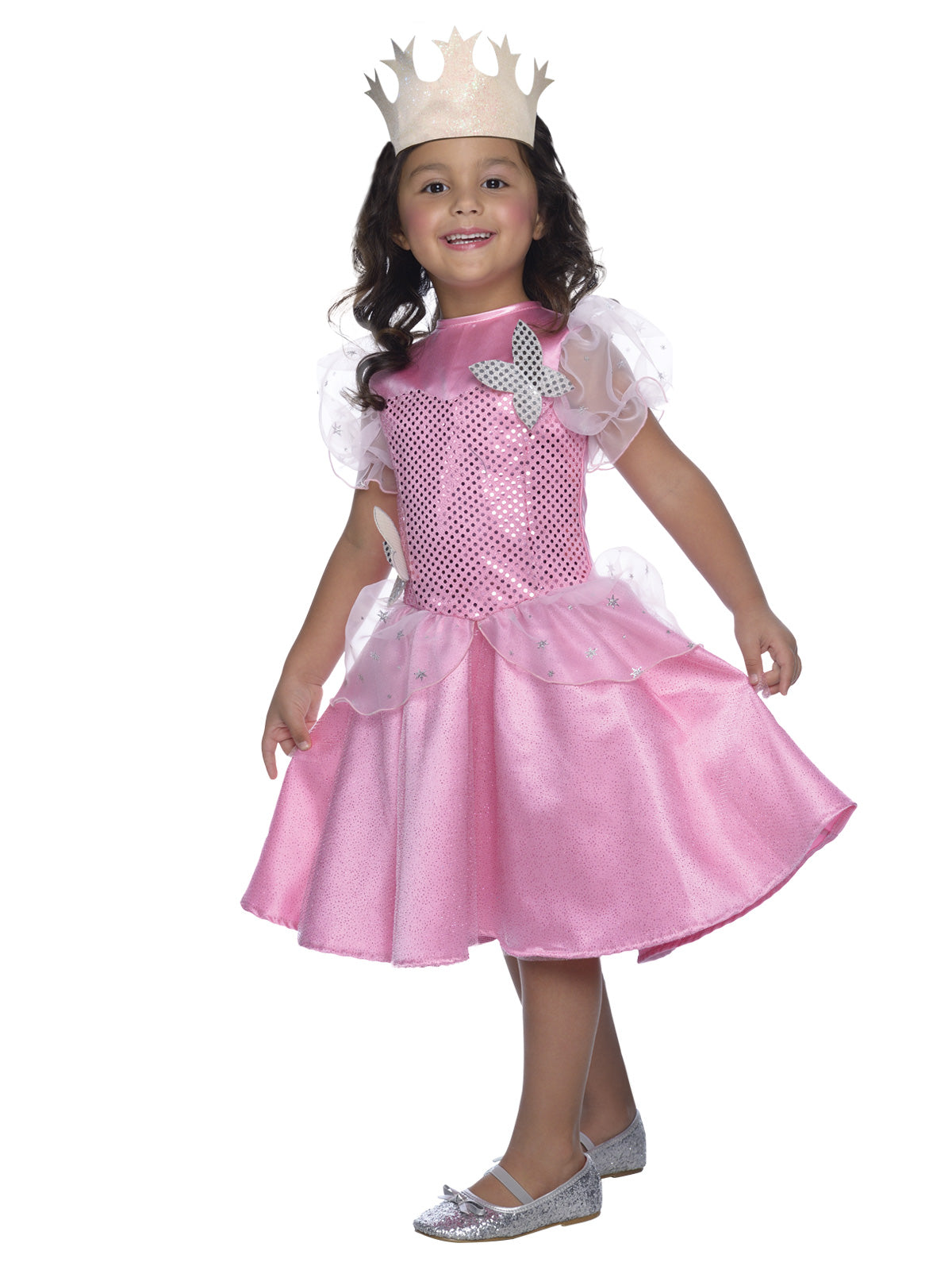 Girl in the Wizard of Oz Glinda the Good Witch Deluxe pink satin dress with puff sleeves and silver tiara