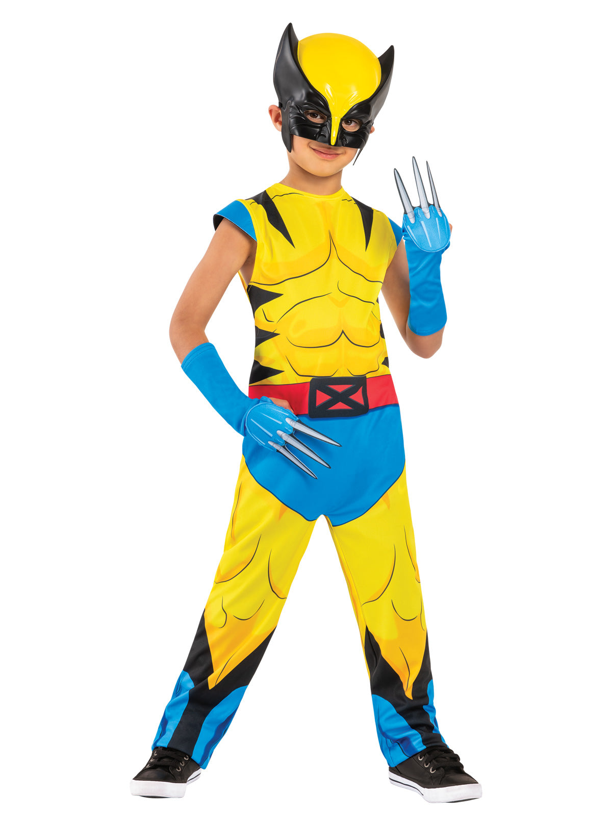 Child in a yellow and blue Wolverine X-Men '97 jumpsuit with printed muscles, belt, gauntlets with soft claws and mask