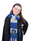 Girl wearing the striped Ravenclaw headband and blue and grey knit scarf