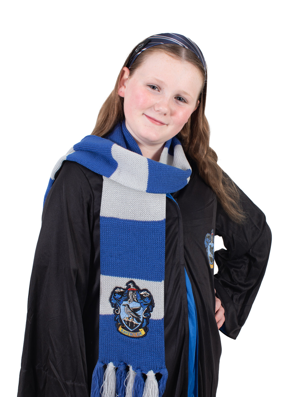 Girl wearing the striped Ravenclaw headband and blue and grey knit scarf