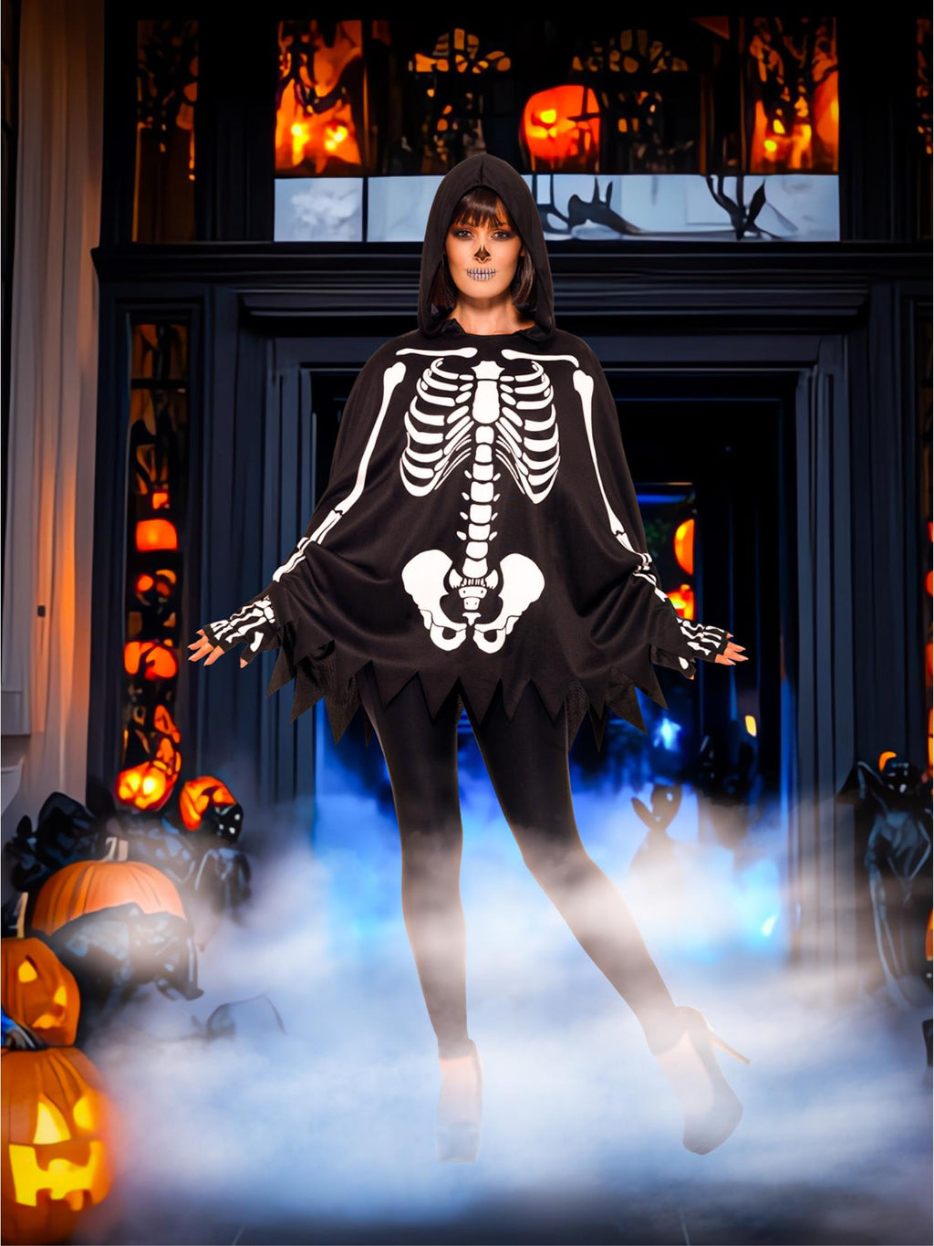 Skeleton hooded poncho and gloves kit, alternate view