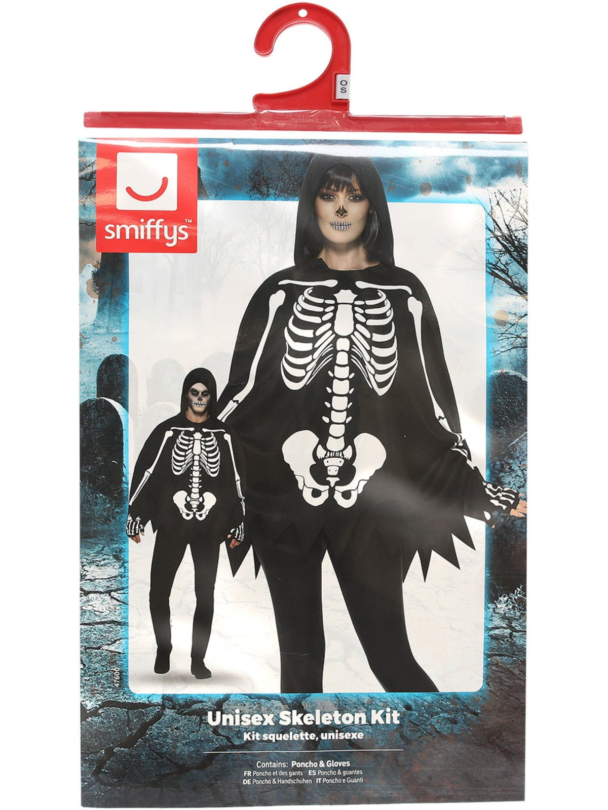 Skeleton poncho and gloves kit in its retail packaging