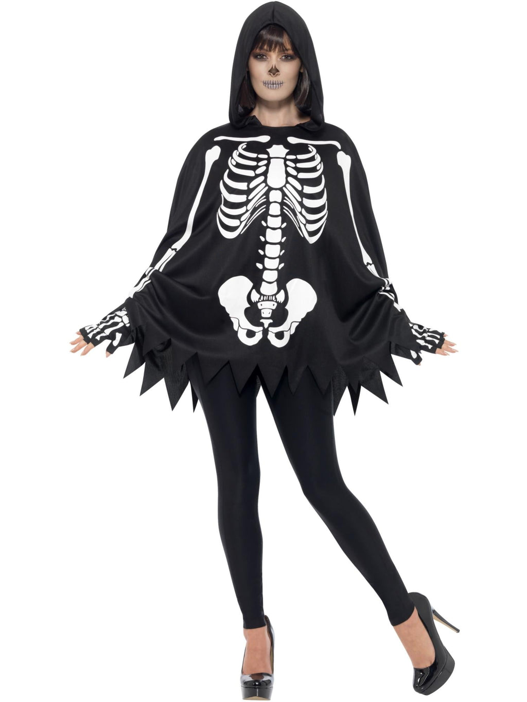 Woman wearing a black hooded skeleton poncho with bone print and matching bone print gloves