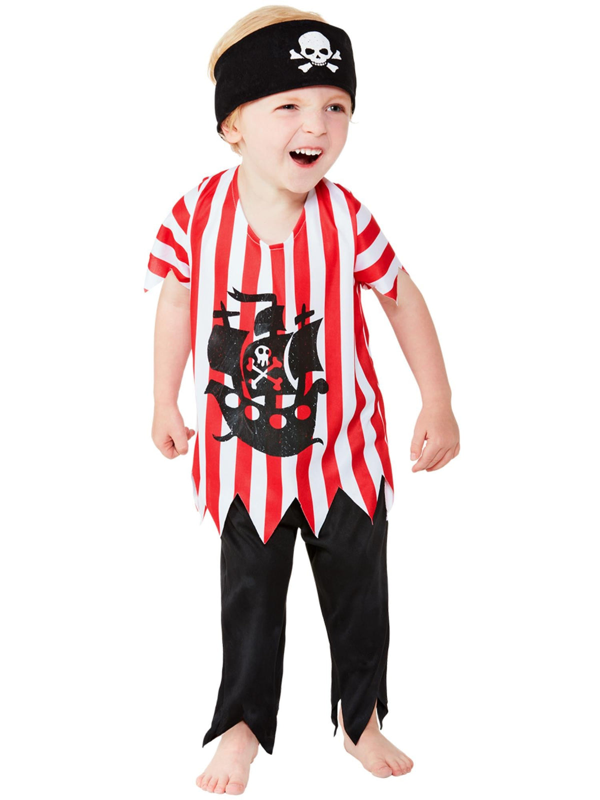 Toddler in the Jolly Pirate costume with a red and white striped top, black ragged pants and skull bandana