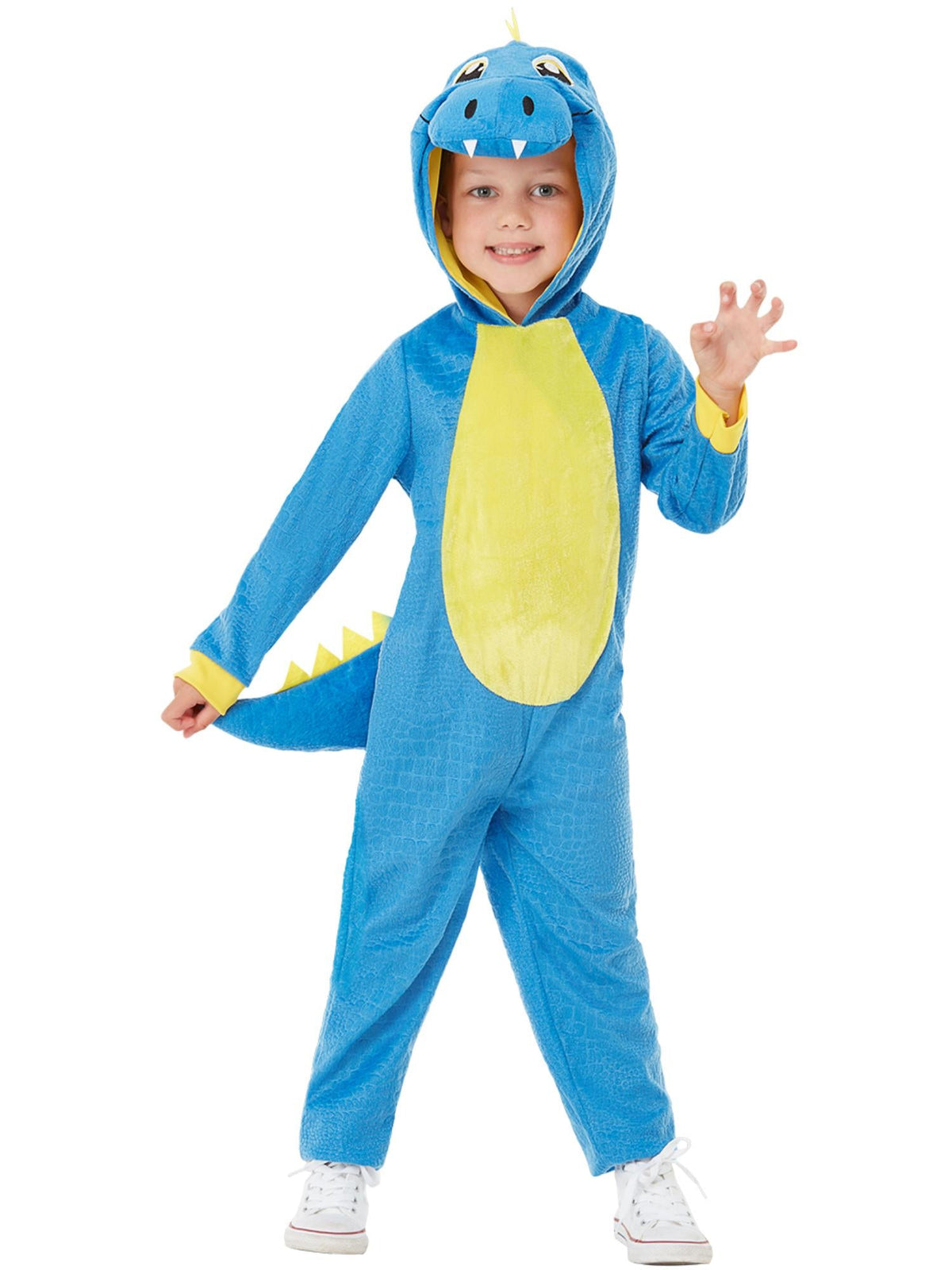 Toddler in the blue dinosaur jumpsuit, waving