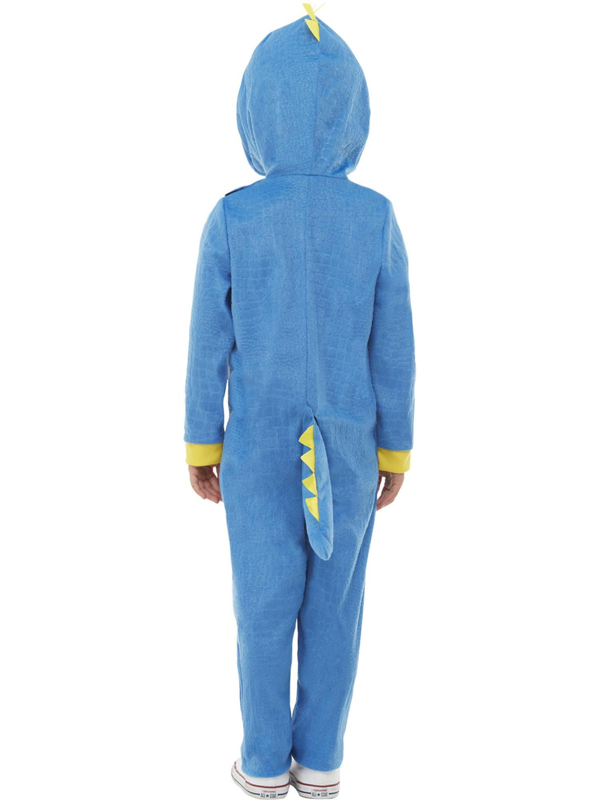 Back view of the blue plush dinosaur jumpsuit with tail