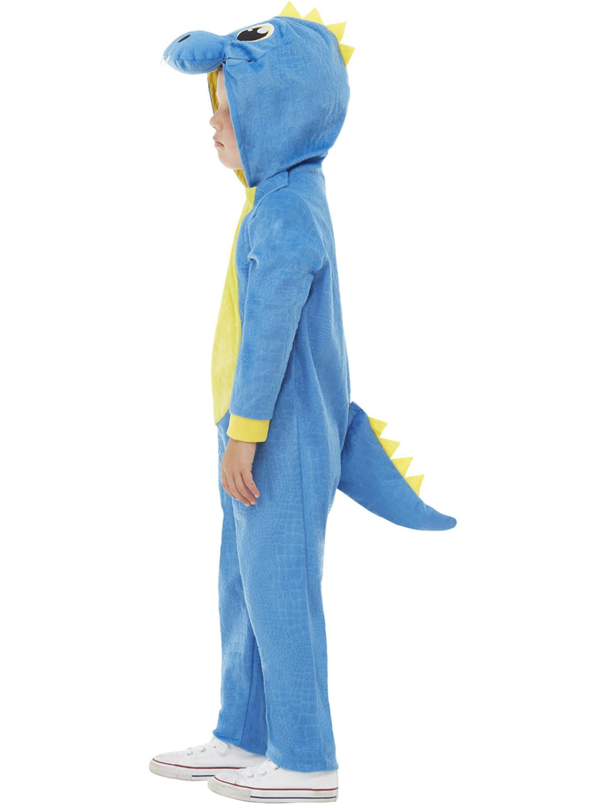 Side view of the blue plush dinosaur jumpsuit with tail