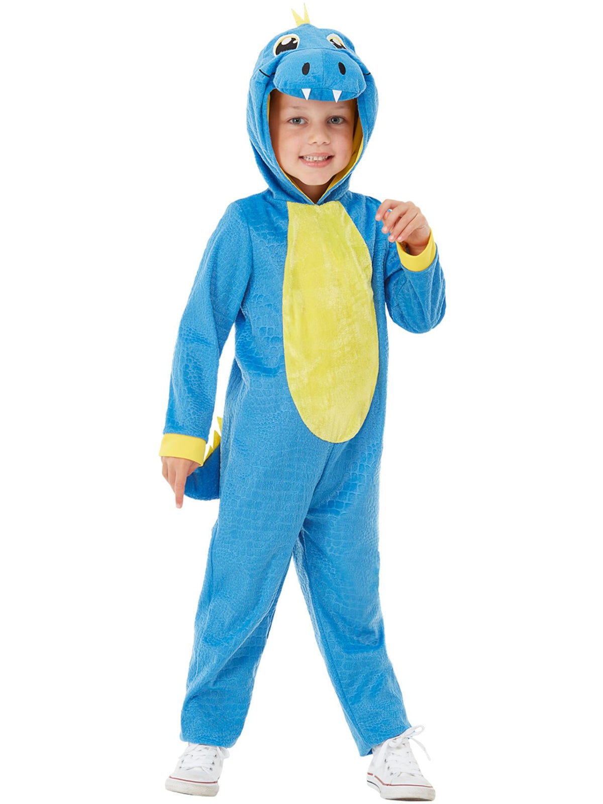 Toddler in blue plush dinosaur jumpsuit with yellow belly, dinosaur hood and tail