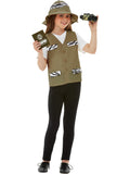 Girl wearing an explorer kit with bucket hat, waistcoat, binoculars and passport