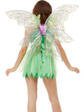 Woman wearing sheer iridescent pixie fairy wings with a pink flower centre, back view