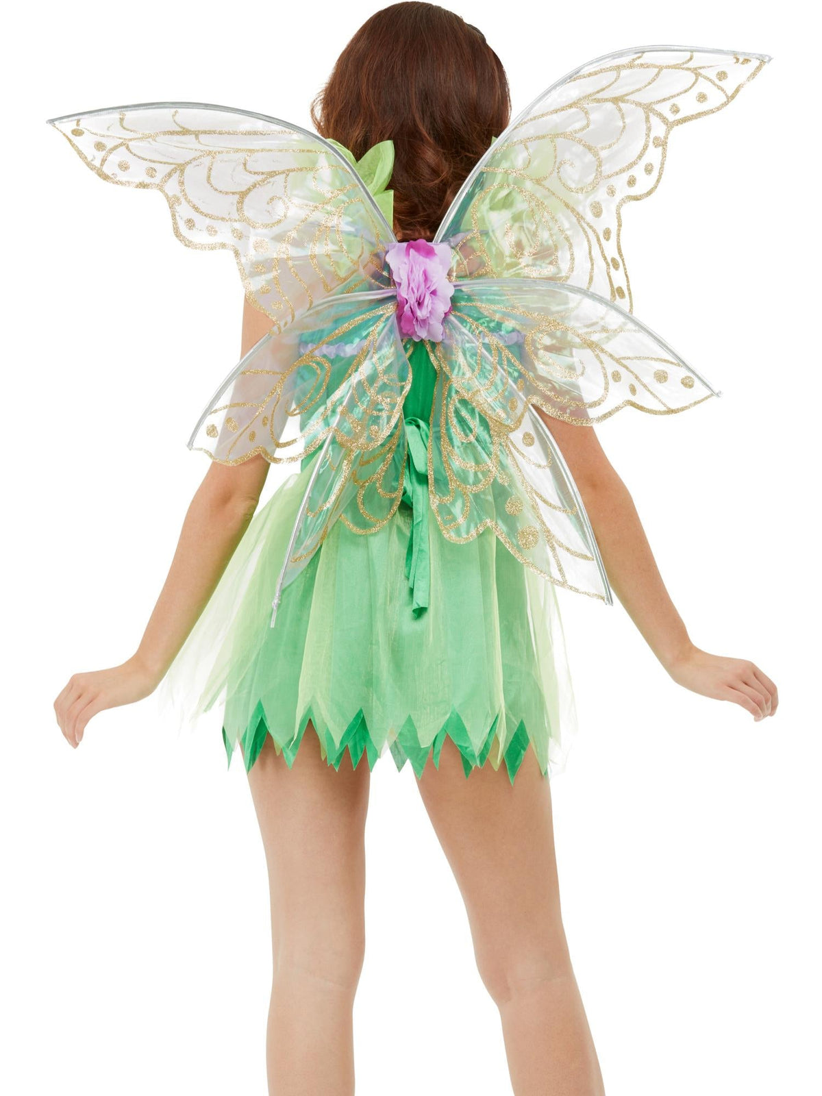 Woman wearing sheer iridescent pixie fairy wings with a pink flower centre, back view