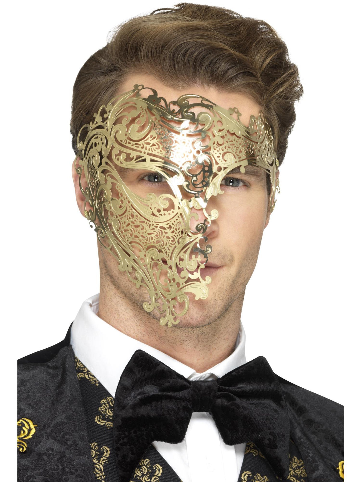 Man wearing a gold metal filigree phantom half-face mask
