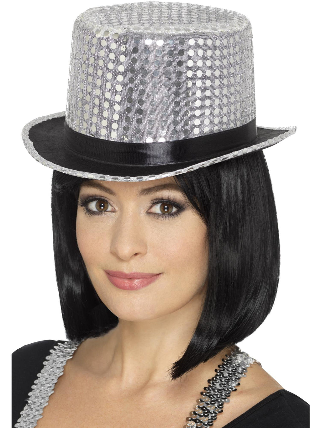 Silver sequin top hat, alternate view