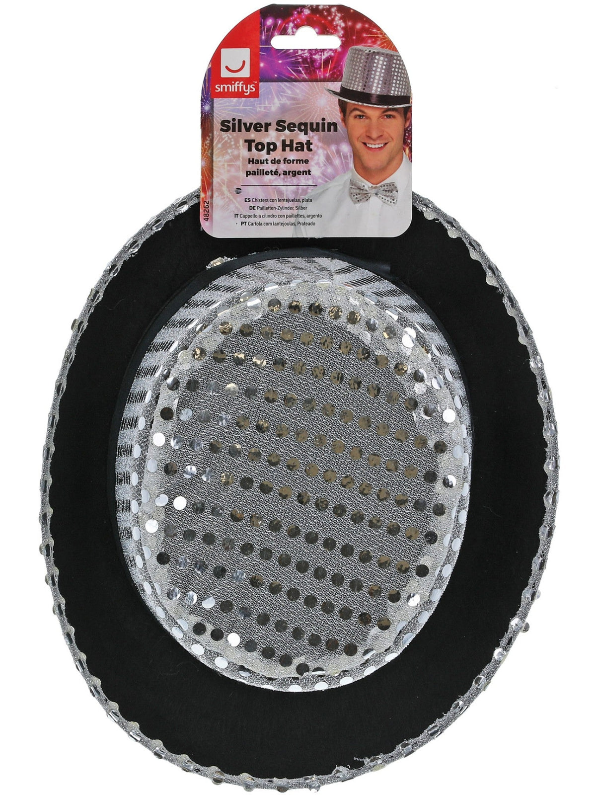 Silver sequin top hat in its retail packaging