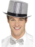 Man wearing a silver sequin top hat with black band
