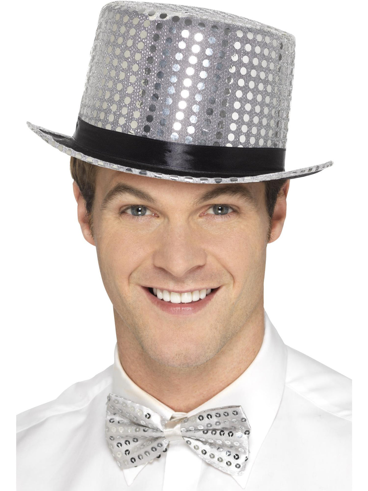 Man wearing a silver sequin top hat with black band