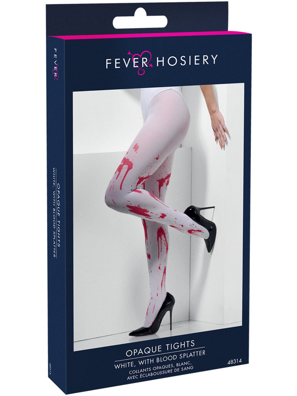 Blood splatter tights in their retail packaging
