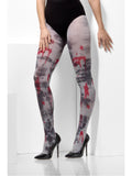 Legs wearing grey opaque zombie tights with dirt and blood print