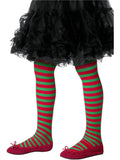 Child's legs wearing red and green striped tights
