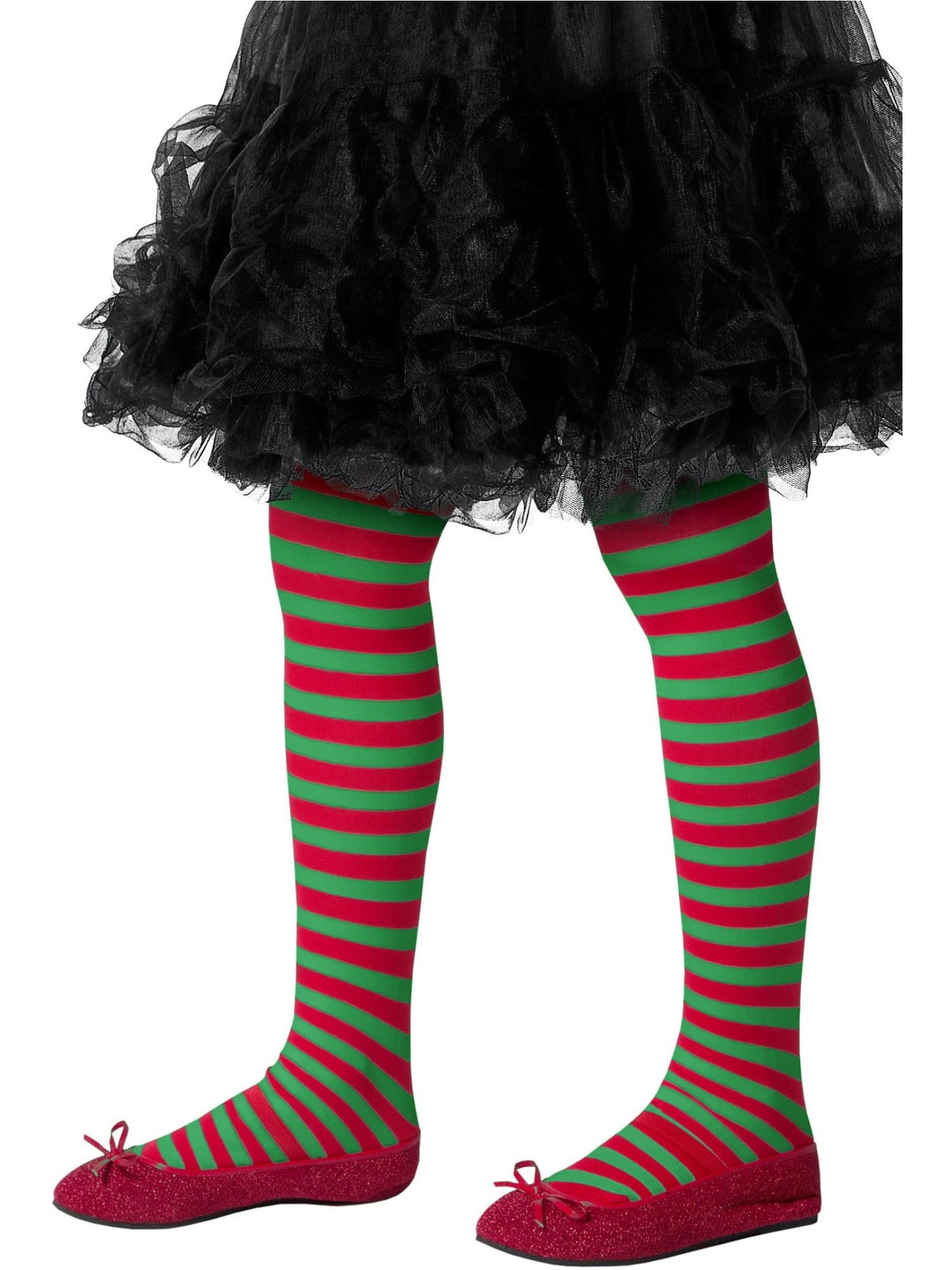 Child's legs wearing red and green striped tights