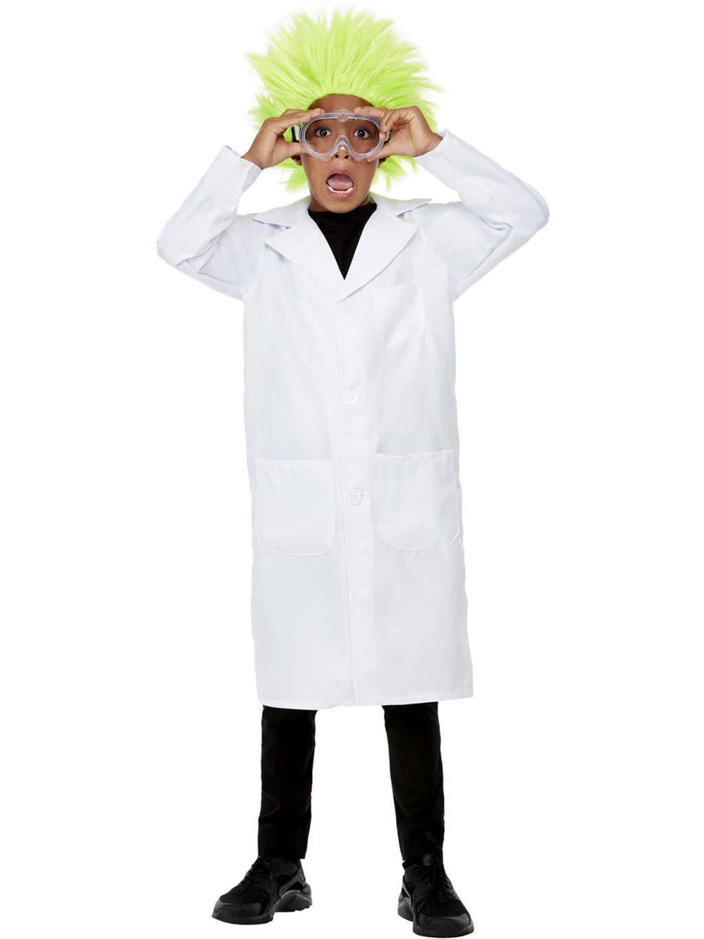 Child posing in the white scientist lab coat with hands raised to the face