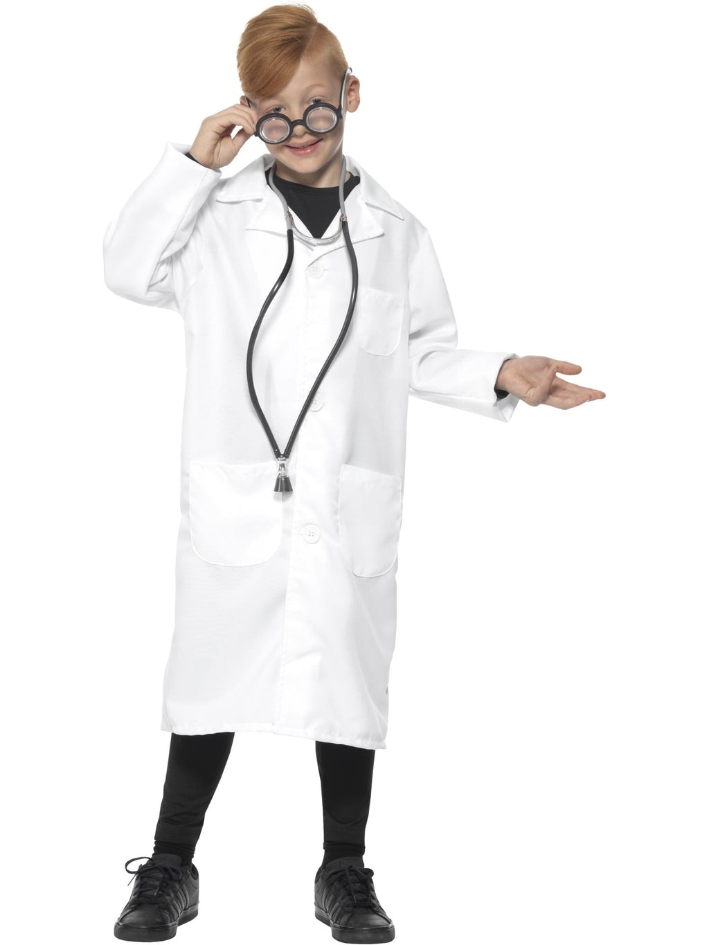 Boy wearing the white lab coat with full-length sleeves and front pockets, ready for science day