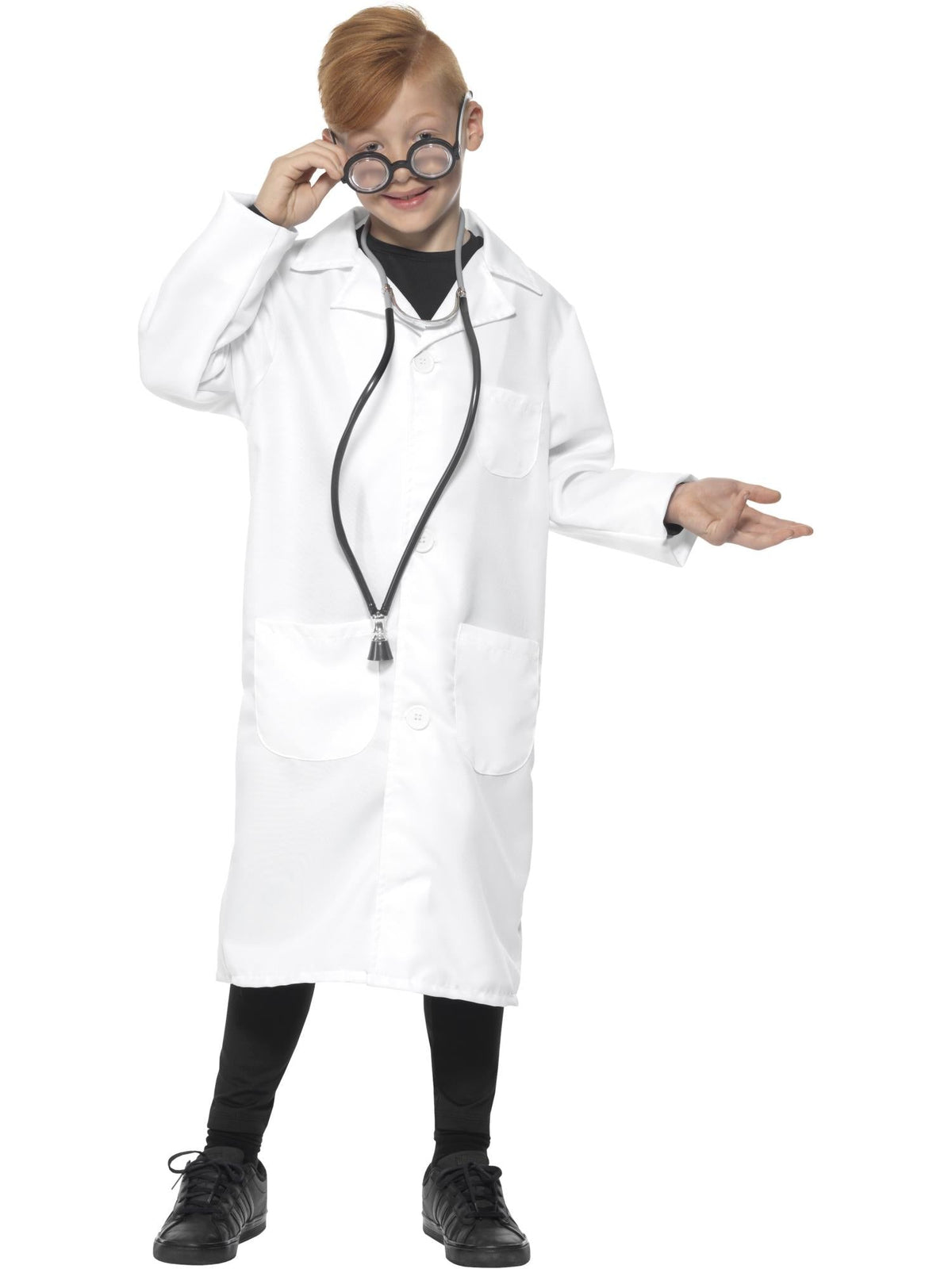Boy wearing the white lab coat with full-length sleeves and front pockets, ready for science day
