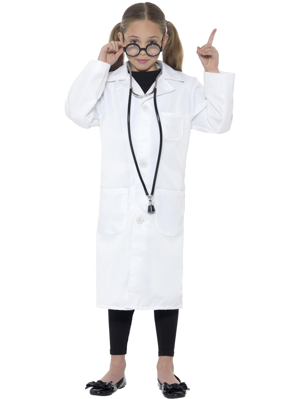 Girl wearing the knee-length white scientist lab coat with collar and lapels