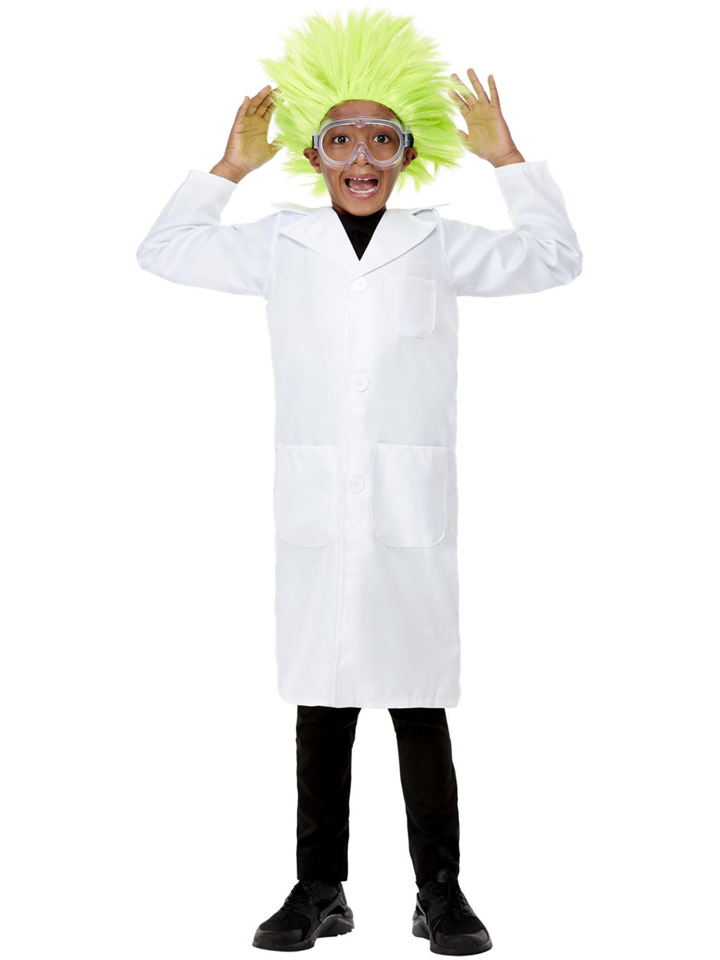 Child wearing a white scientist lab coat with collar and pockets