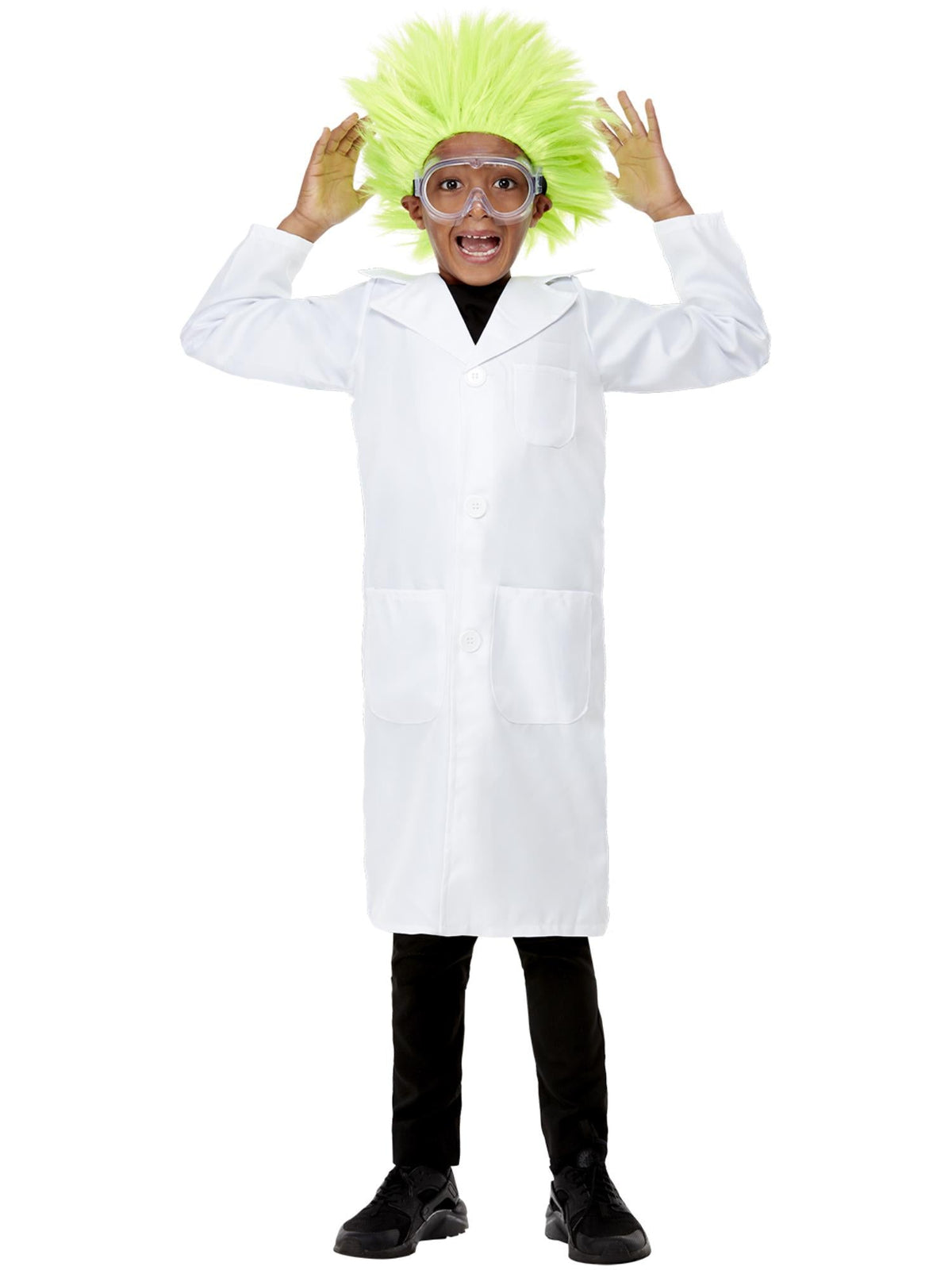 Child wearing a white scientist lab coat with collar and pockets