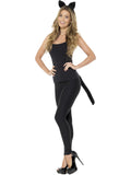 Woman wearing black cat ears on a headband and a long black plush tail