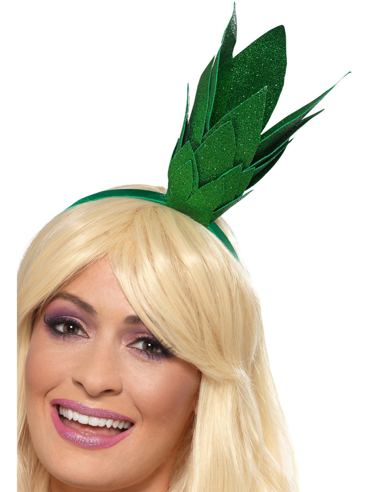 Woman wearing a green pineapple stalk headband