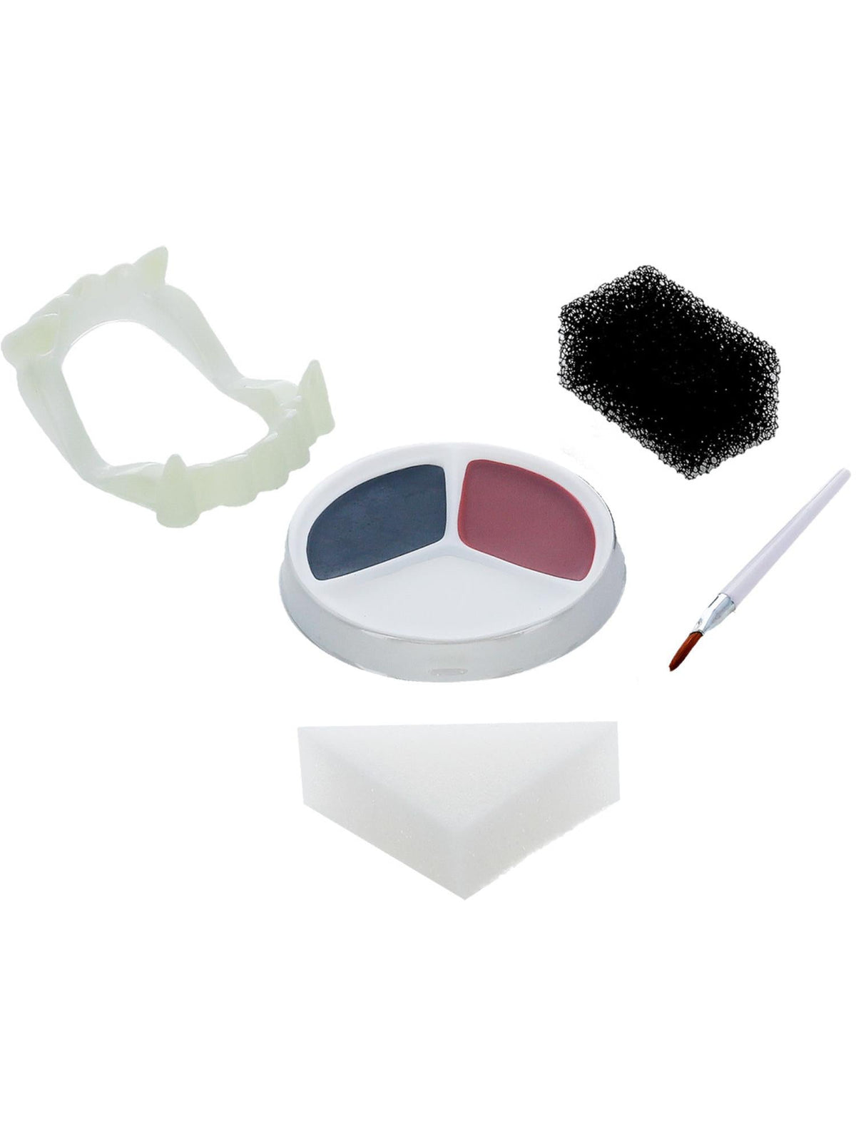 Vampire make-up kit with face paints, fangs, sponges and brush shown on its own