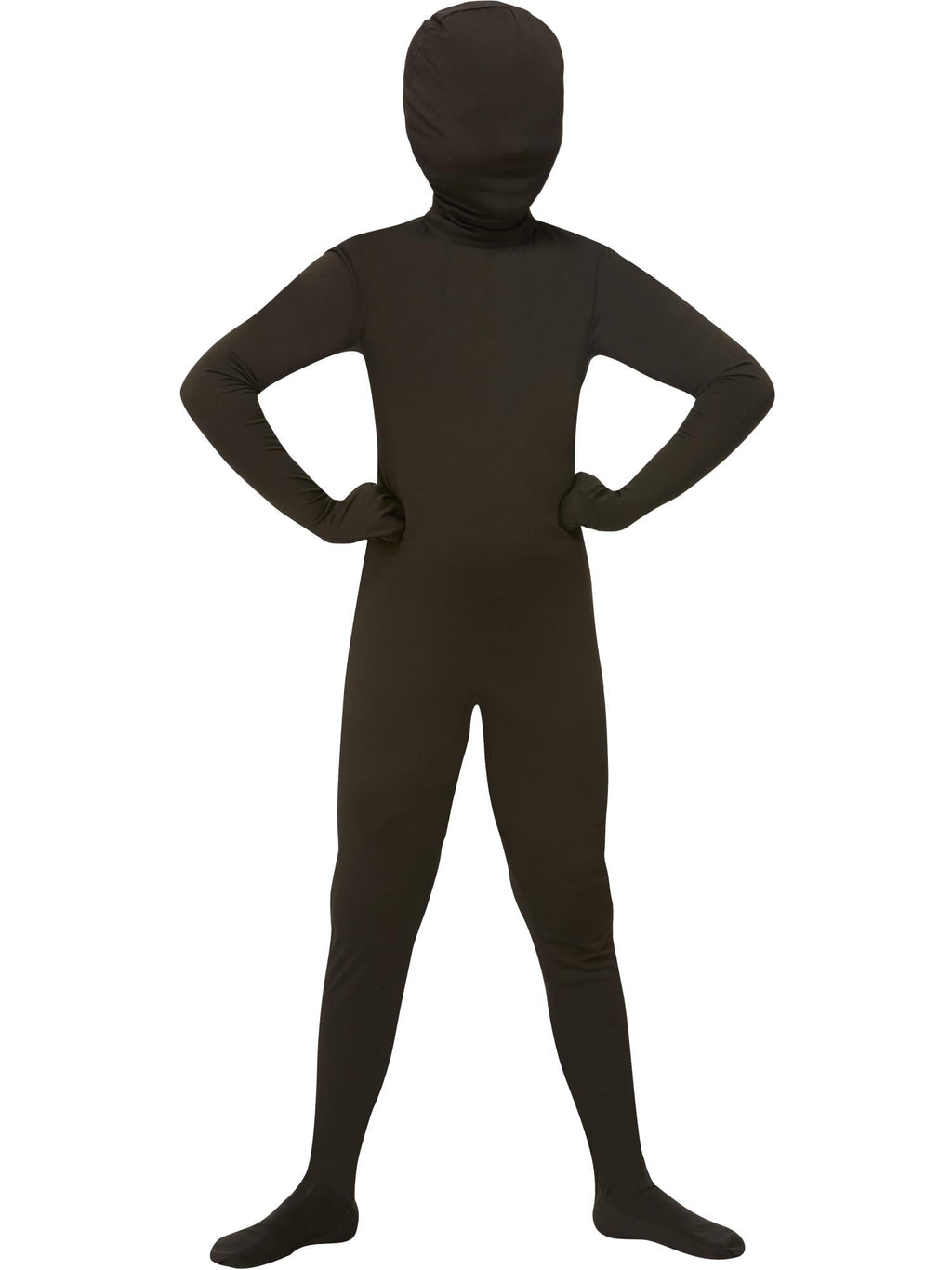 Child in a full-body black second skin lycra suit covering head to toe