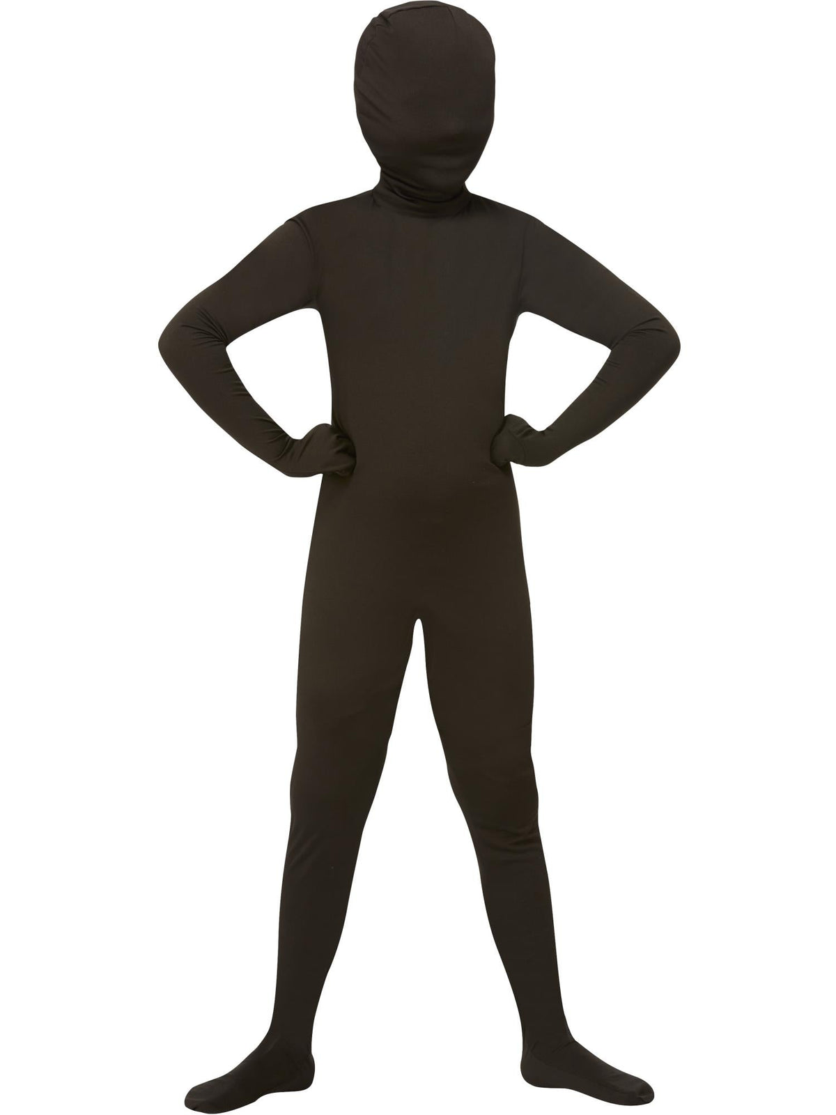 Child in a full-body black second skin lycra suit covering head to toe